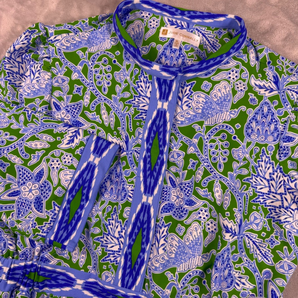 Jude Connally Candy Midi Dress Women XL Butterfly Botanical Mandarin Neckline
